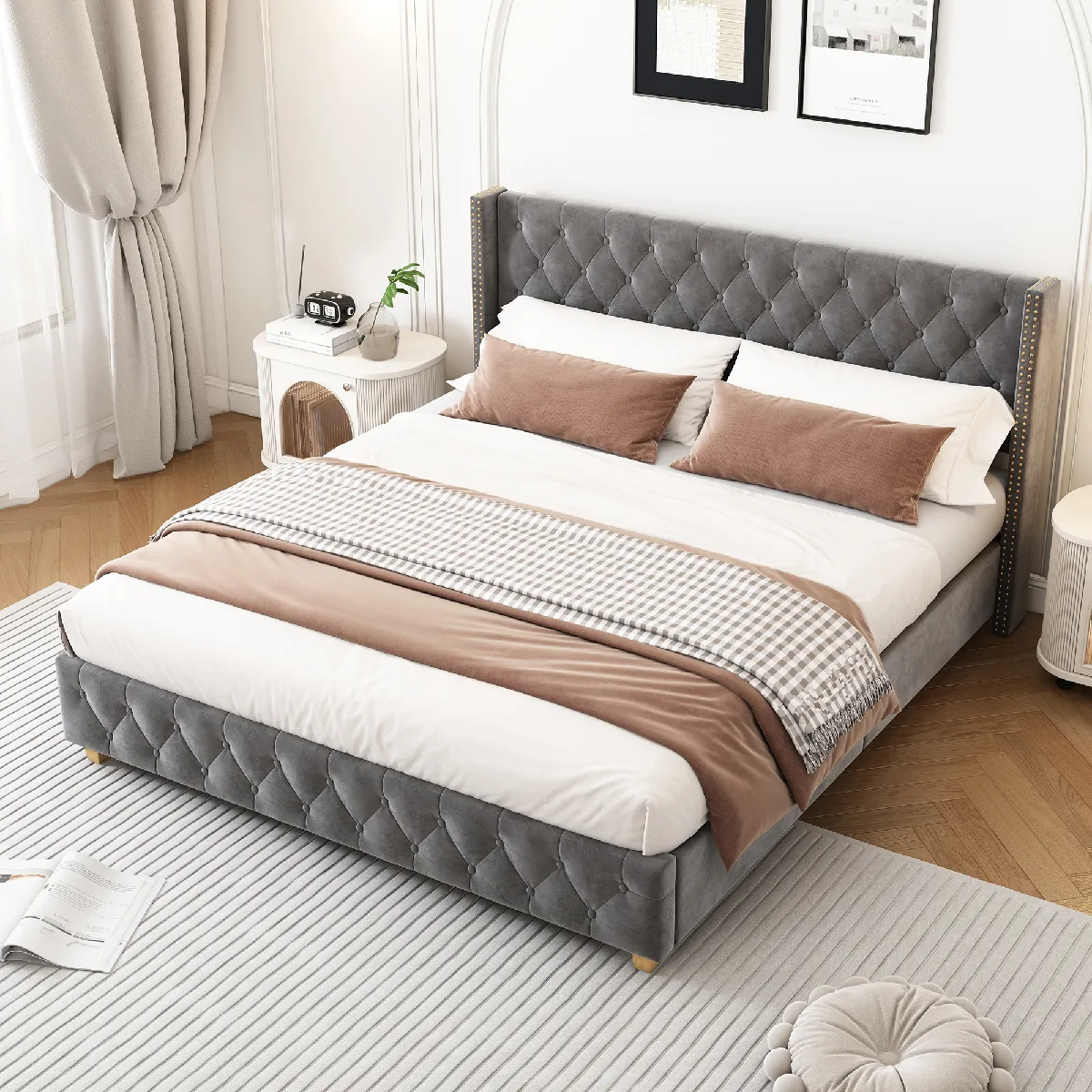 Lit Double 160x200 Avec Rangement Hydraulique - Tête De Lit Velours LED Réglable - Sommier Lattes, Beige