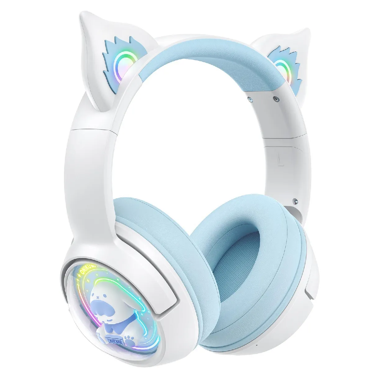 YONIS Casque Bluetooth Rgb Renard Audio Immersif Filaire Ou Sans Fil Confortable Bleu + Blanc 