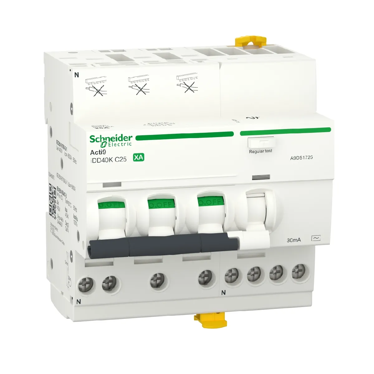 disjoncteur différentiel idd40k xa 3p+n courbe c 30 ma type ac 4.5 ka schneider electric a9ds1725 - vue 3