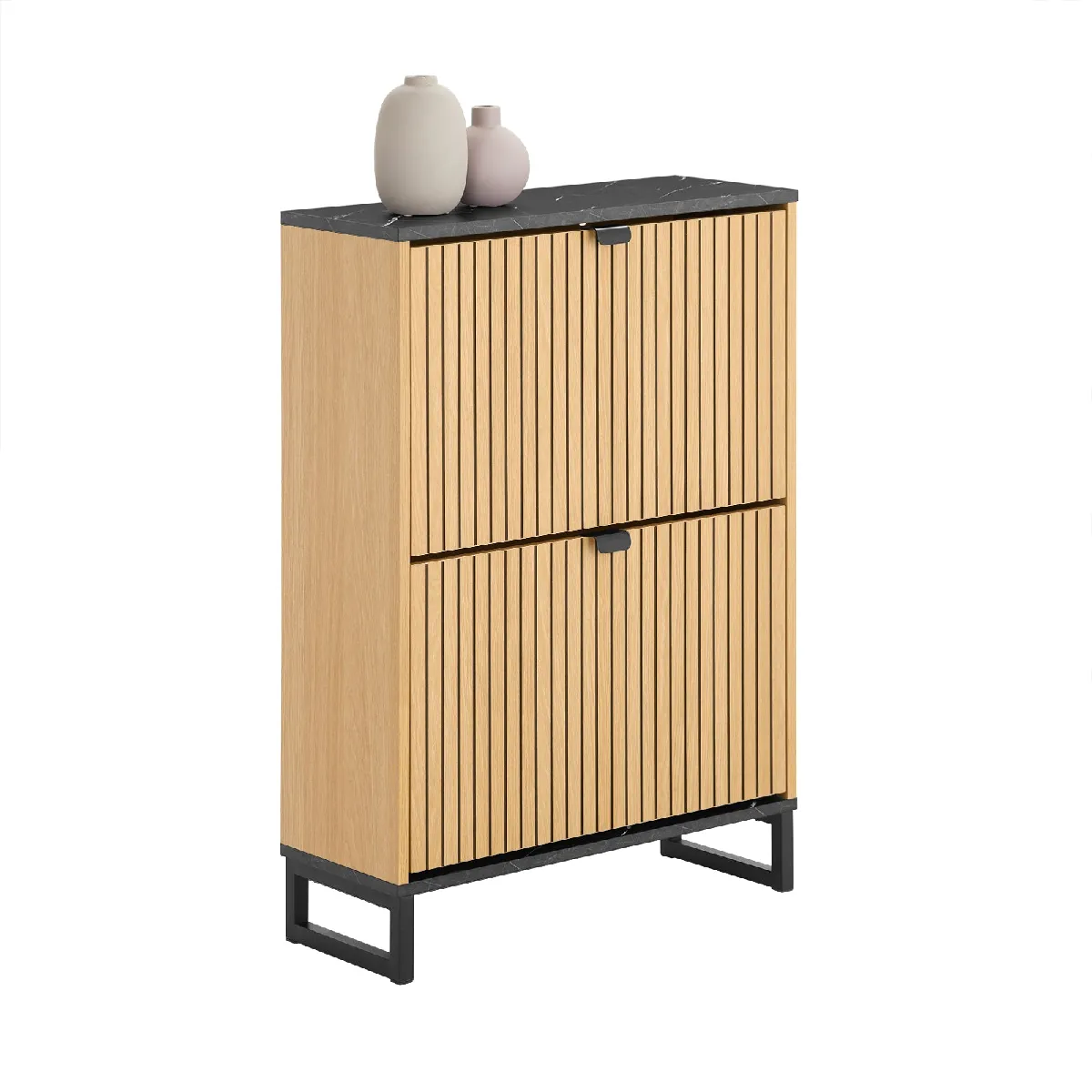 SoBuy Meuble à chaussures à 2 portes - Meuble à chaussures moderne - Meuble à chaussures pour 8-12 paires, avec structure résistante, effet marbre noir et bois clair, 60x24x88cm, FSR202-N