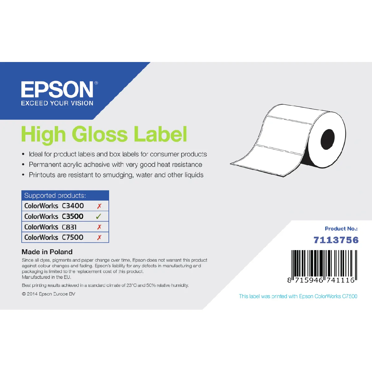 Epson High Gloss Label Imprimante d'étiquette adhésive