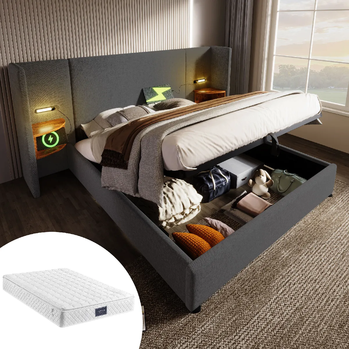 Lit coffre 160x200 cm Lit lampe lecture - Gris