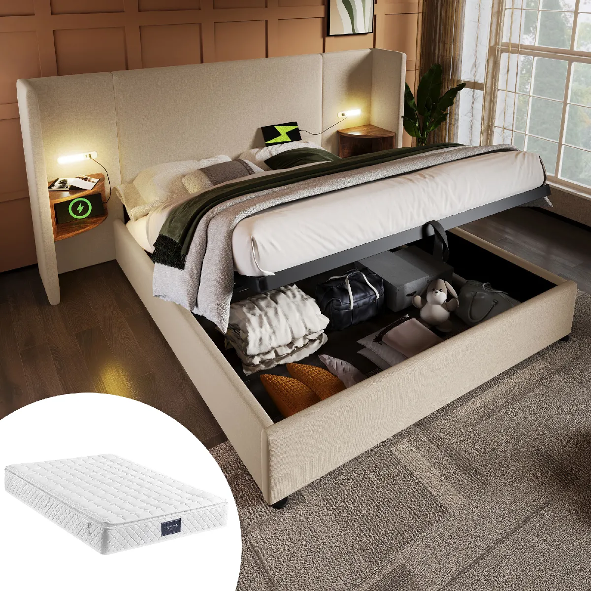 Lit coffre 160x200 cm Lit lampe lecture - Beige