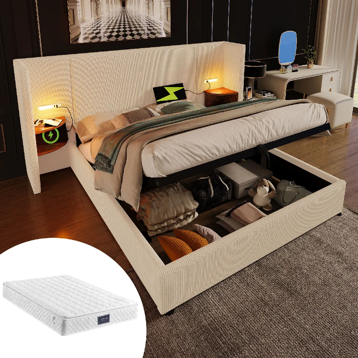 Lit coffre 160x200 cm Lit lampe lecture - Beige