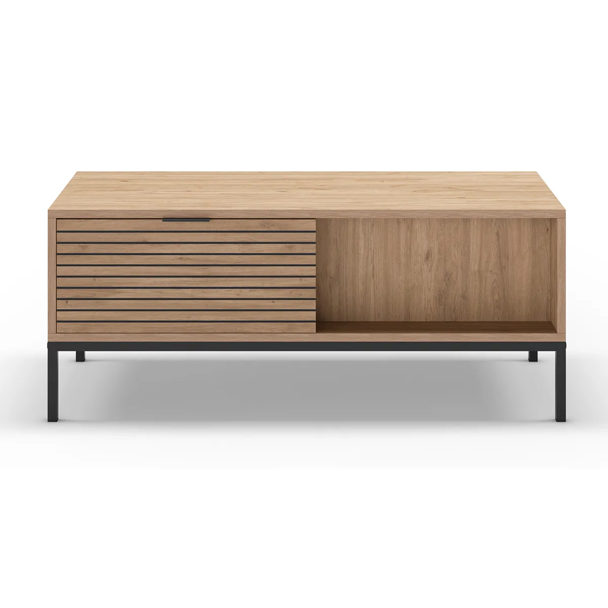 Comparer les prix de Table basse, table de salon aspect bois avec 2 tiroirs coloris naturel, pieds en métal coloris noir - Longueur 110 x Profondeur 55 x Hauteur 45 cm