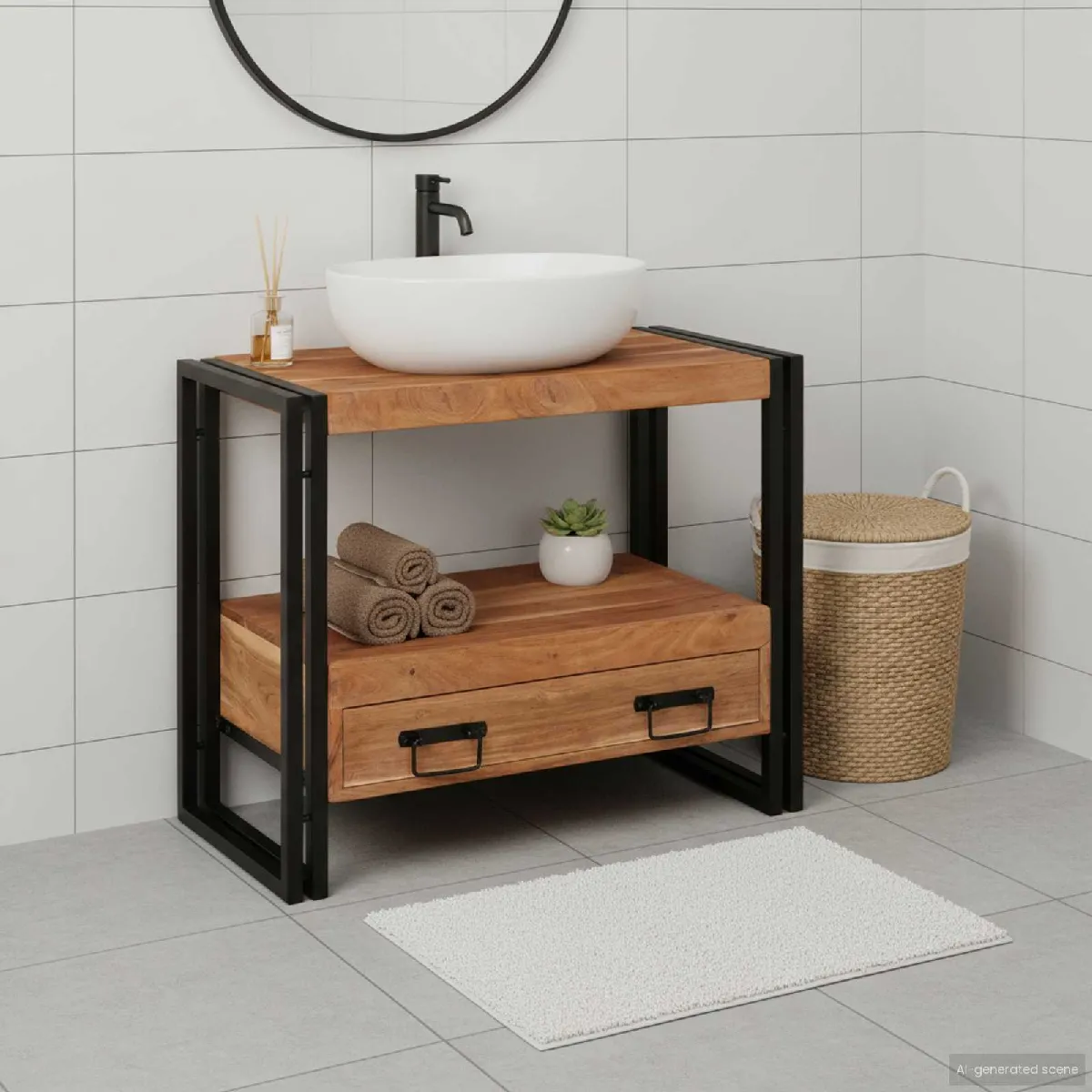 vidaXL Meuble sous vasque de salle de bain Bois d'acacia massif fer