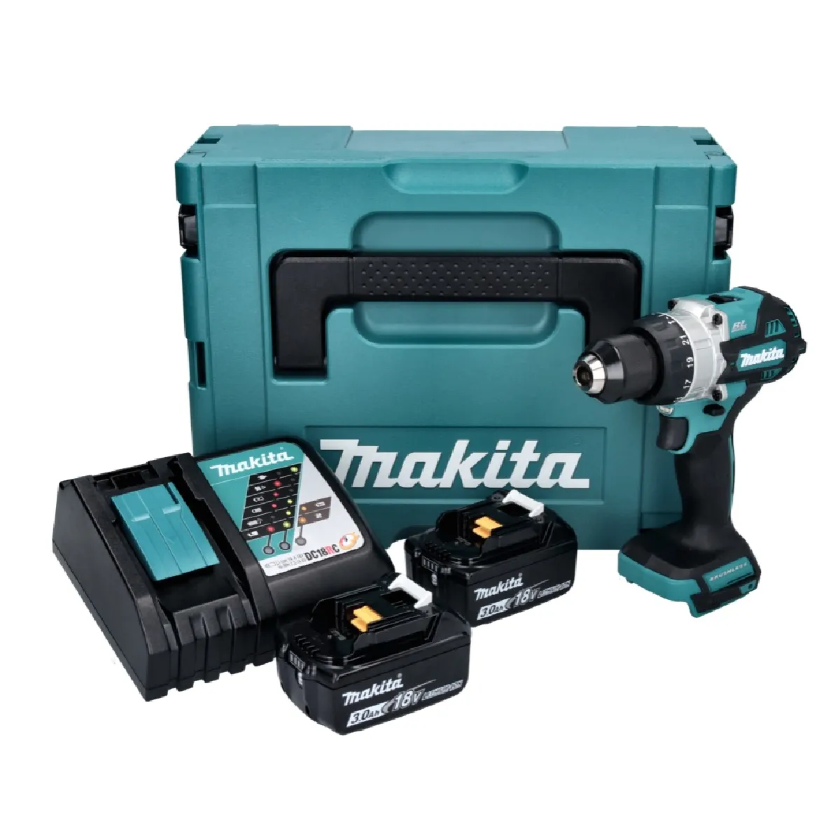 Makita DHP 486 RFJ Perceuse visseuse à percussion sans fil 18 V 130 Nm Brushless + 2x batterie 3 0 Ah + chargeur + Makpac