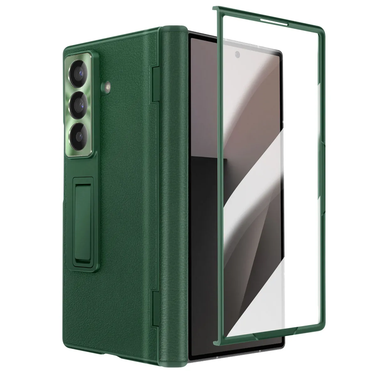 Coque Int&eacute;grale pour Samsung Galaxy Z Fold 7 avec Verre tremp&eacute; et B&eacute;quille Vert