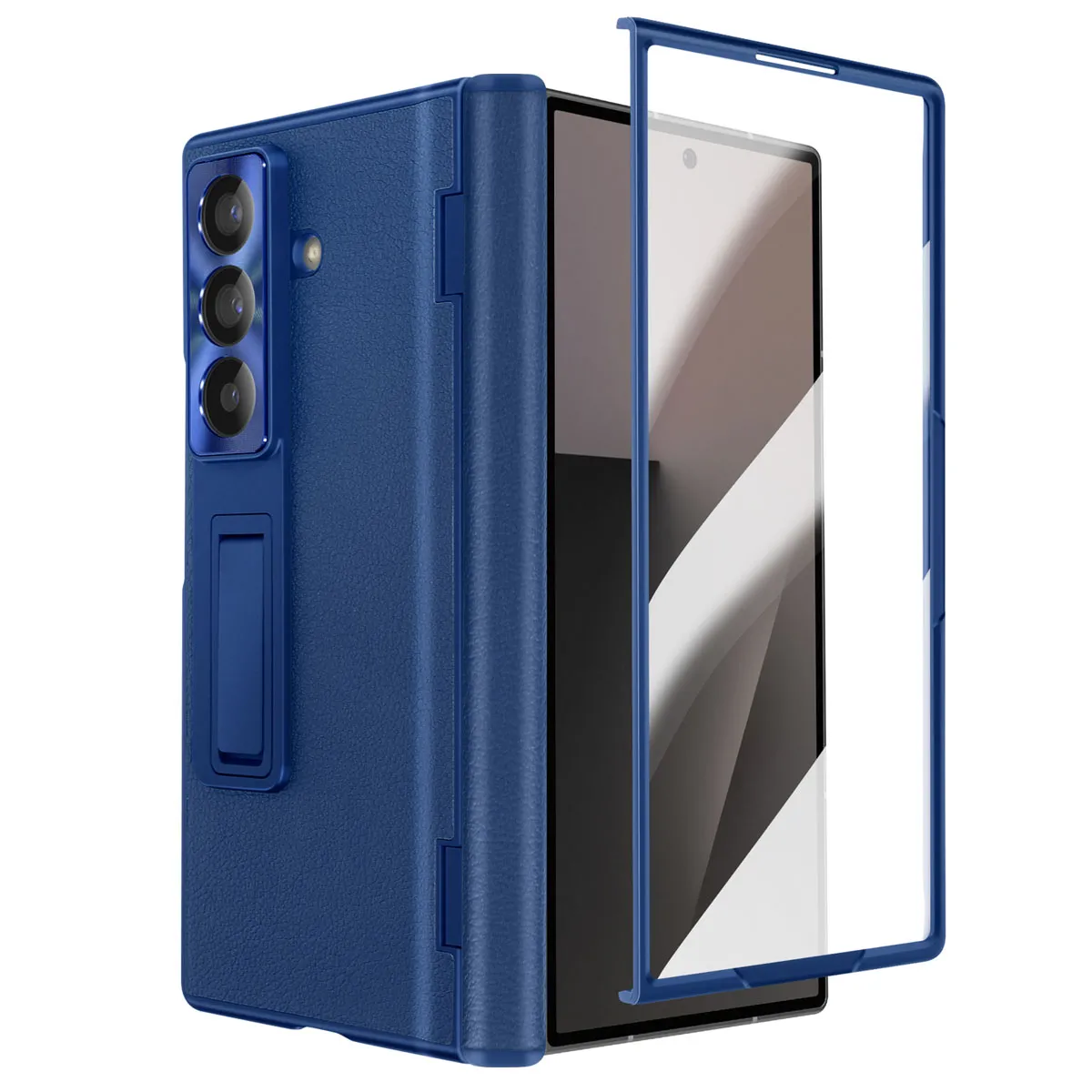 Coque Int&eacute;grale pour Samsung Galaxy Z Fold 7 avec Verre tremp&eacute; et B&eacute;quille Bleu