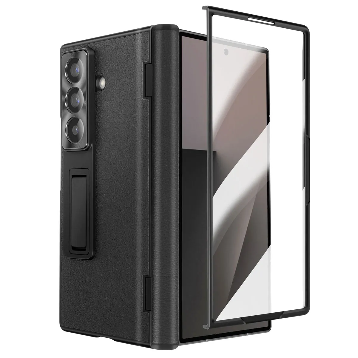 Coque Int&eacute;grale pour Samsung Galaxy Z Fold 7 avec Verre tremp&eacute; et B&eacute;quille Noir