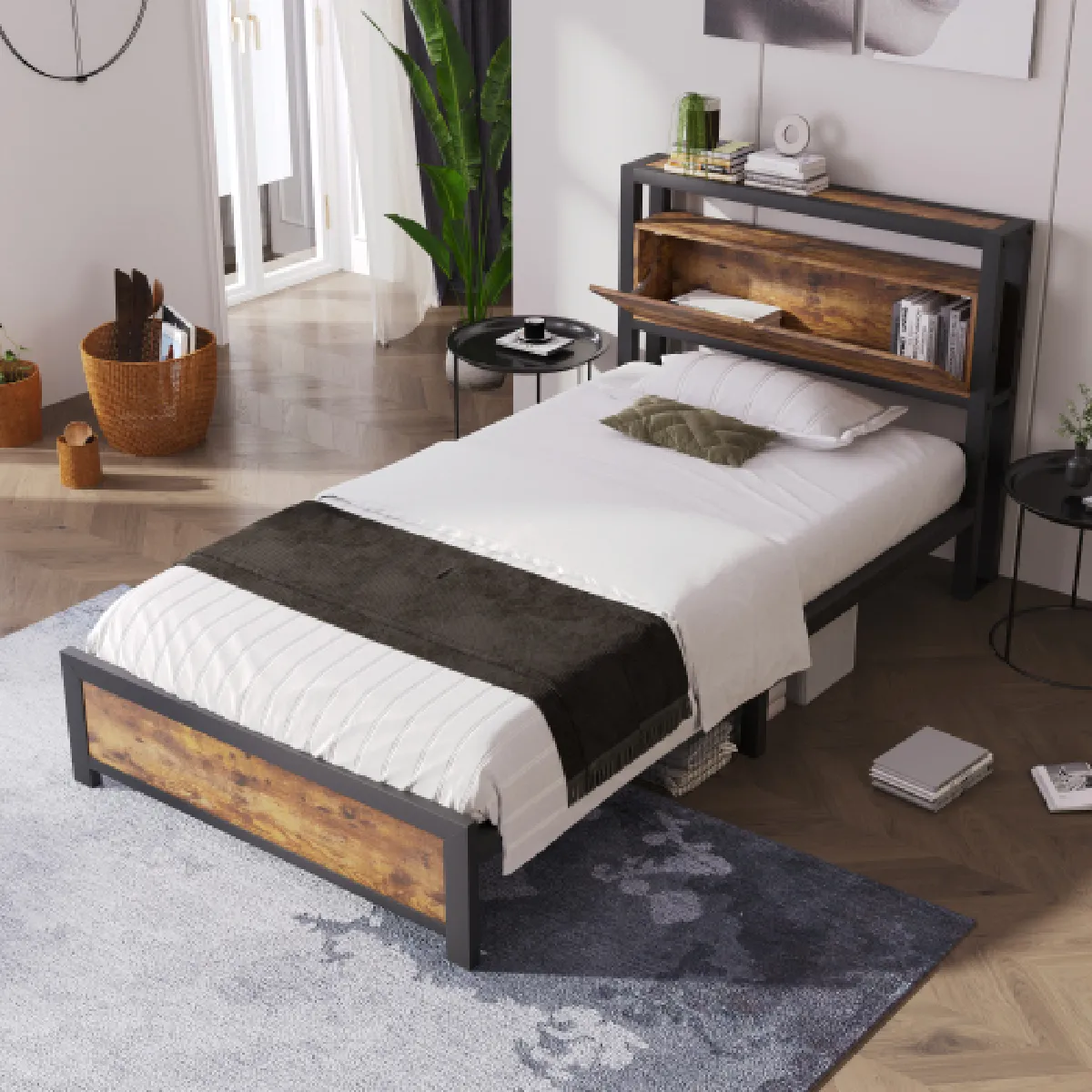 Lit enfant 90x200 cm avec tête de lit de rangement, en métal, bois