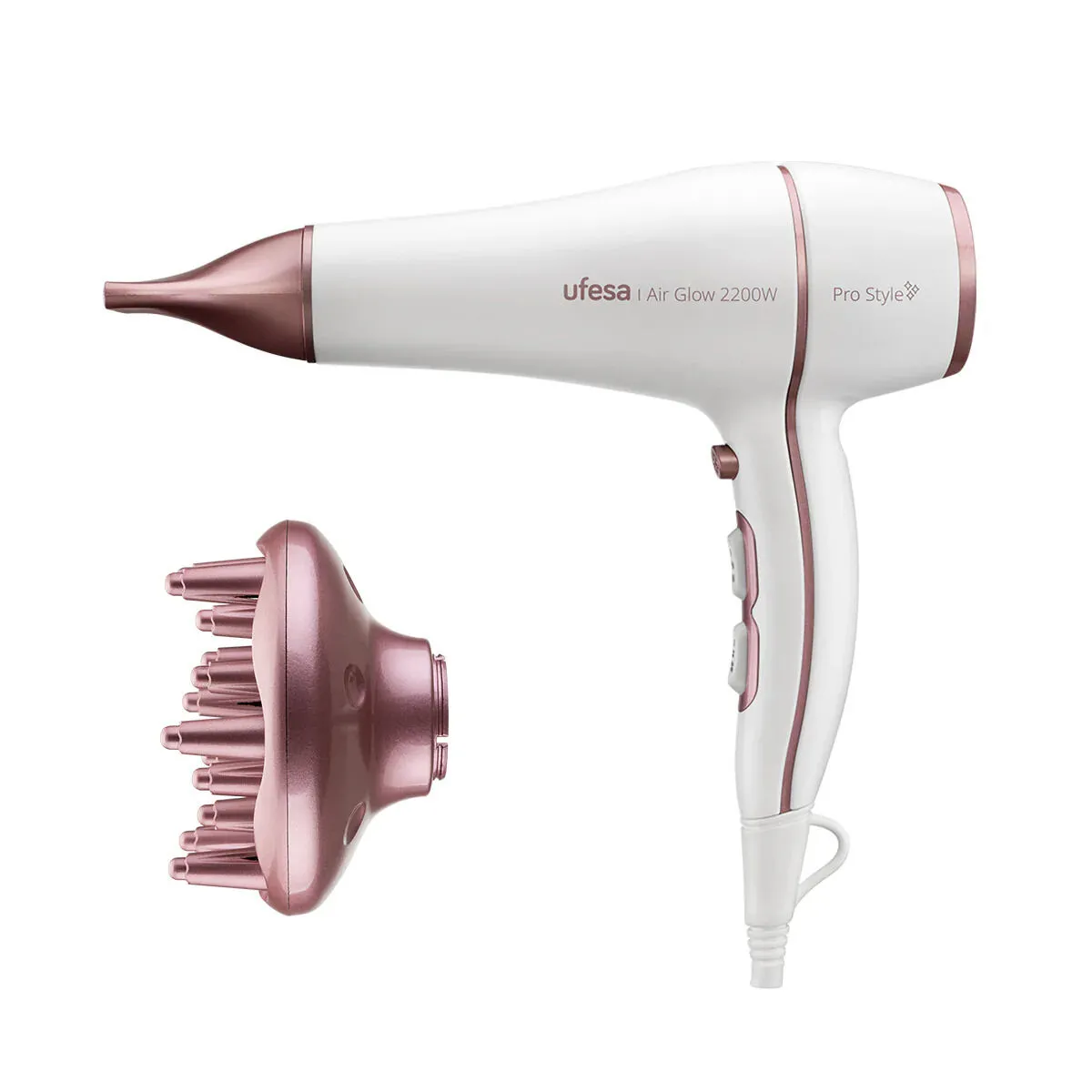 UFESA S&egrave;che-cheveux Professionnel  60306078 Air Sonic 2200W 3 Temp&eacute;ratures 2 Vitesses avec Accessoires Rose Blanc