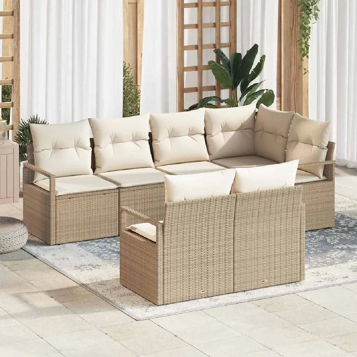 vidaXL Ensemble de canapé de jardin 7 pcs Beige et blanc polyrotin
