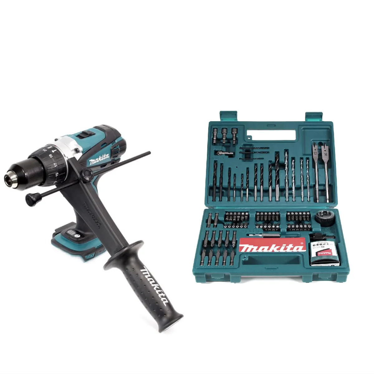 Makita DHP 458 Z Perceuse visseuse à percussion sans fil 18V 91Nm + 100 pièces de Faises et Trépans pour perceuse Makita