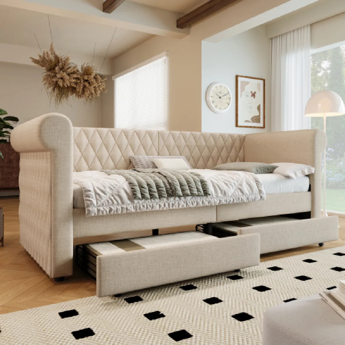 lit enfant 90x200 cm avec 2 tiroirs en lin - vue 2