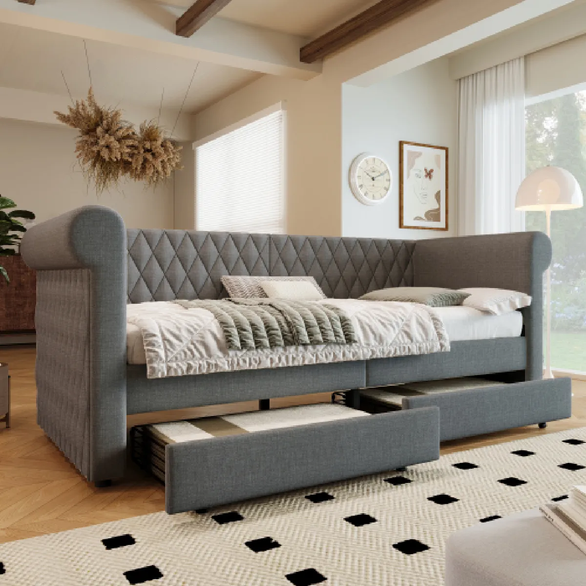 lit enfant 90x200 cm avec 2 tiroirs en lin