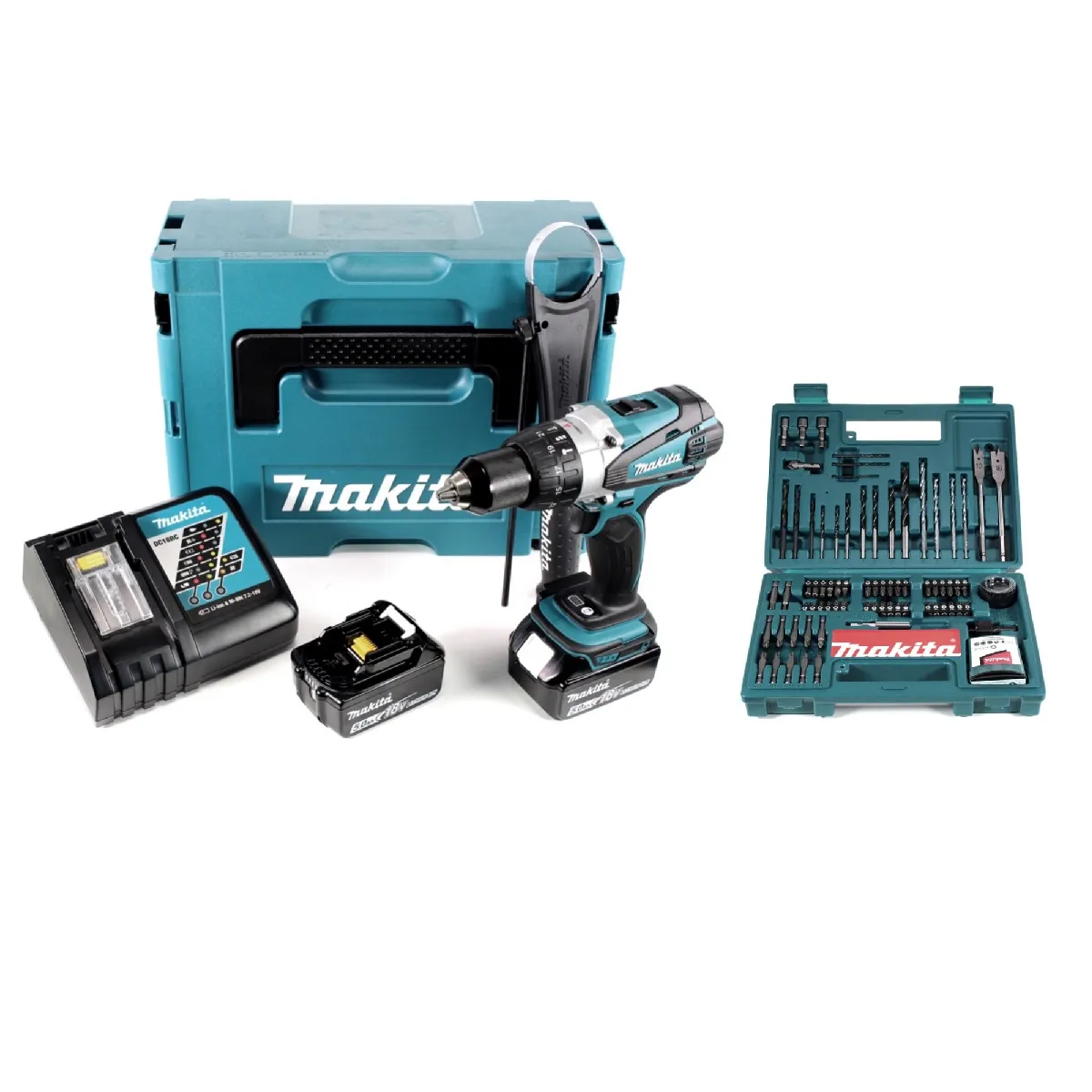 Makita DHP 458 RTJ Perceuse visseuse à percussion sans fil 91Nm 18V + 2x Batteries 50 Ah + Chargeur + Jeu dembouts et de
