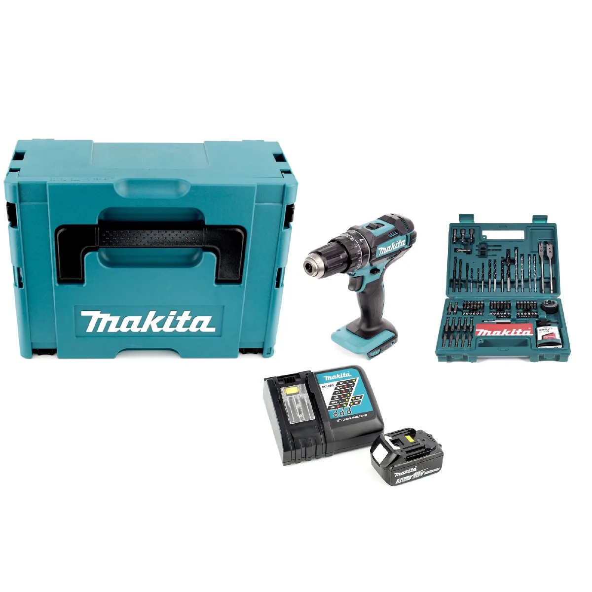 Perceuse à percussion sans fil Makita DHP 482 RF1J 18 V 62 Nm dans un coffret Makpac + batterie 3 0 Ah + chargeur + jeu d'embouts et de forets 100 pièces