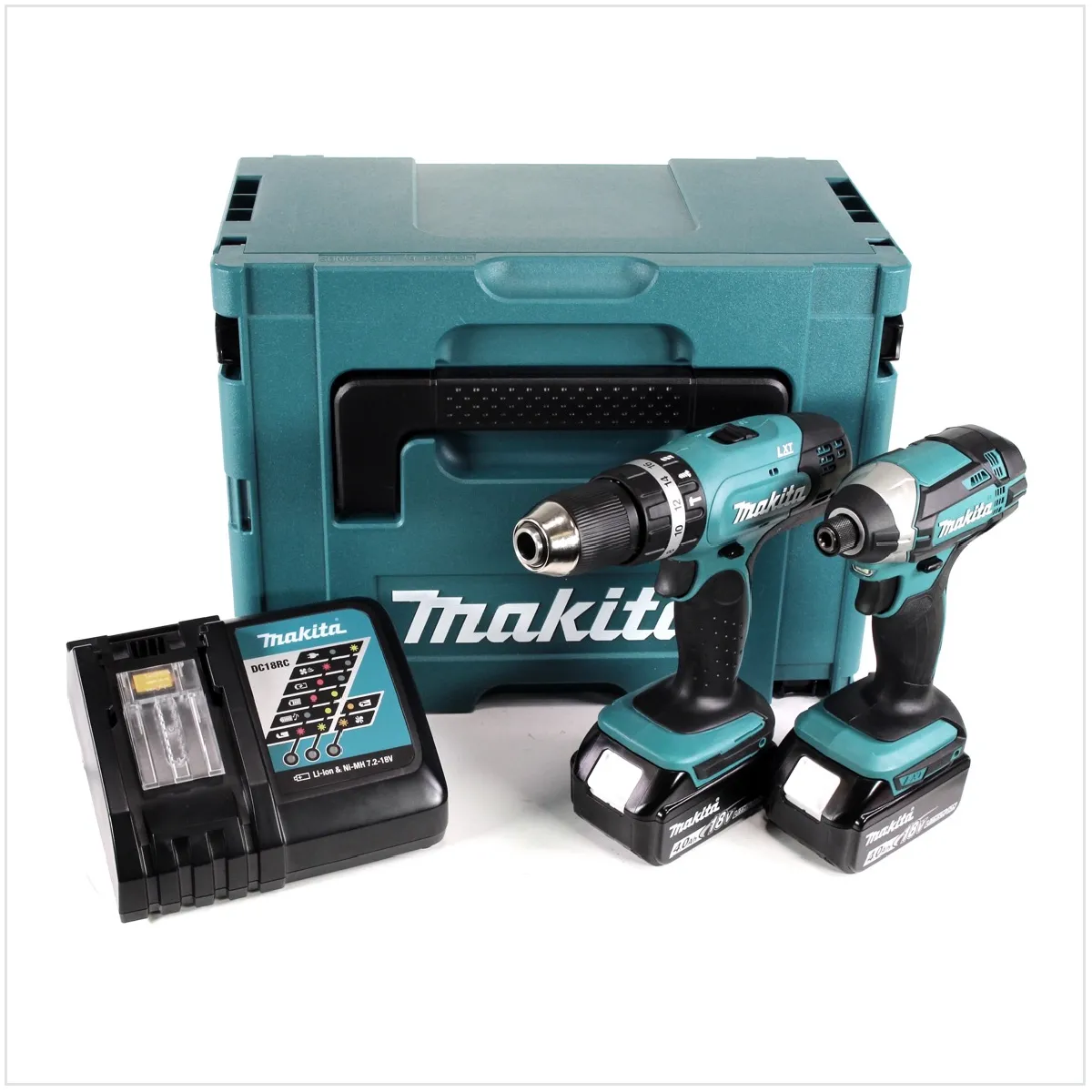 Makita DHP 453 18V Perceuse visseuse à percussion sans fil + DTD 152 Visseuse à chocs sans fil + Coffret + 2x Batteries 4 0 Ah + Chargeur DC18RC - vue 1