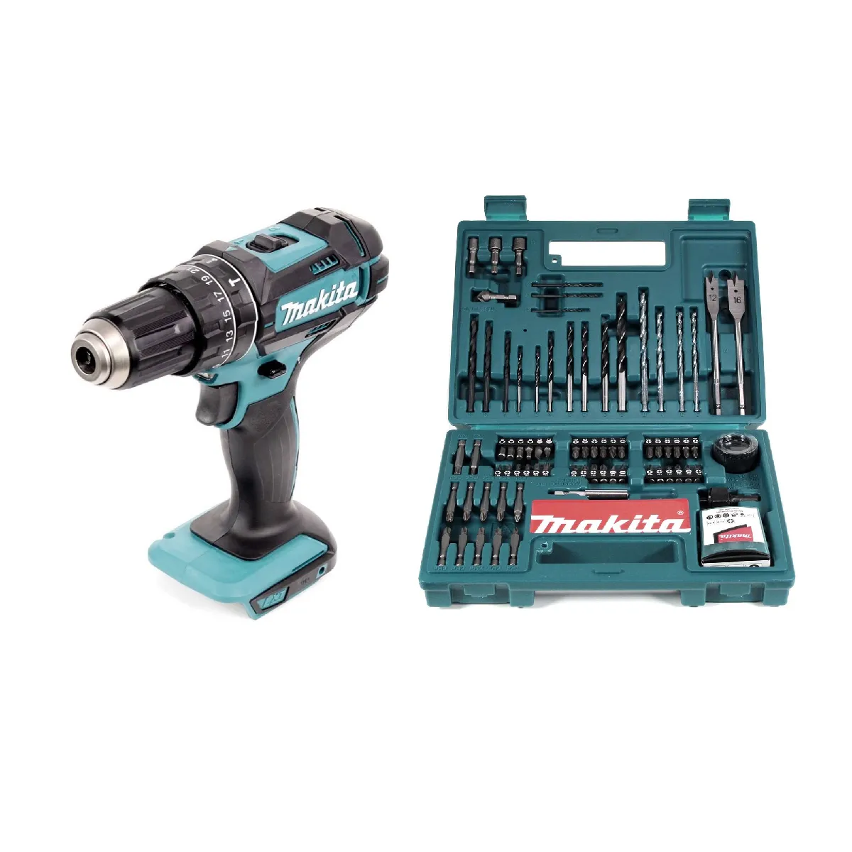 Perceuse à percussion sans fil Makita DHP 482 Z 18 V 62 Nm Solo + jeu d'embouts et de forets Makita 100 pièces - vue 1