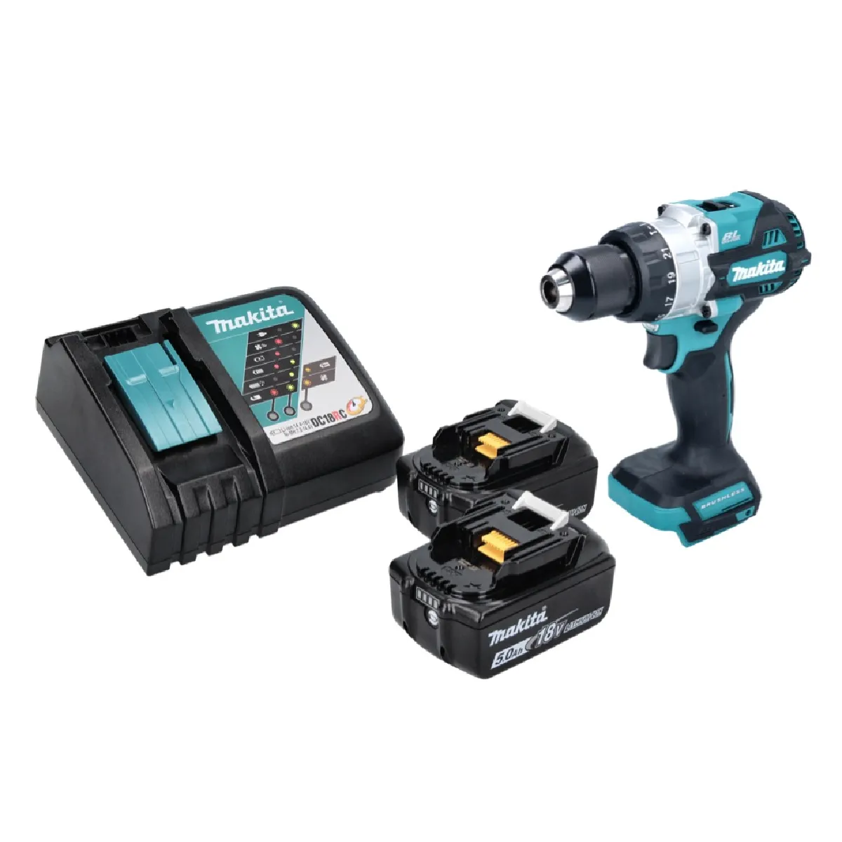 Makita DHP 486 RT Perceuse visseuse à percussion sans fil 18 V 130 Nm Brushless + 2x batterie 5 0 Ah + chargeur