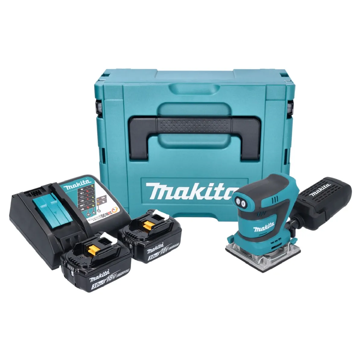 Makita DBO 484 RFJ ponceuse orbitale sans fil 18 V 112 x 102 mm + 2x batterie 3 0 Ah + chargeur + Makpac