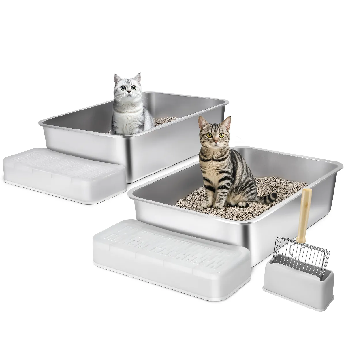 Meilleurs prix pour VEVOR Bac a Litiere pour Chat Profondeur 150 mm Lot de 2, Extra Large Acier Inox avec Pelle, Repose-pied Filtrant, Cotes Hauts, sans Odeur, Facile a Nettoyer, Coussins Antiderapants, pour Grands Chats