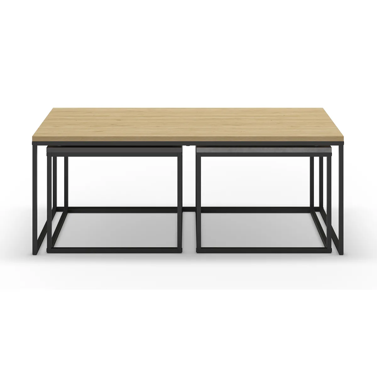 Set de 3 tables basses, tables de salon aspect bois coloris chêne, ciment et métal coloris noir