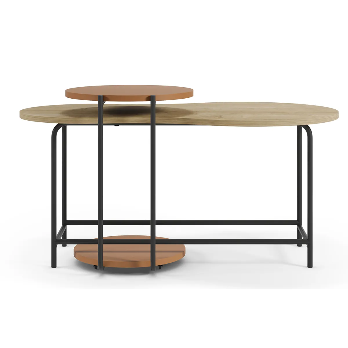 Set de 2 tables basses, tables de salon aspect bois coloris chêne, terracotta et métal coloris noir