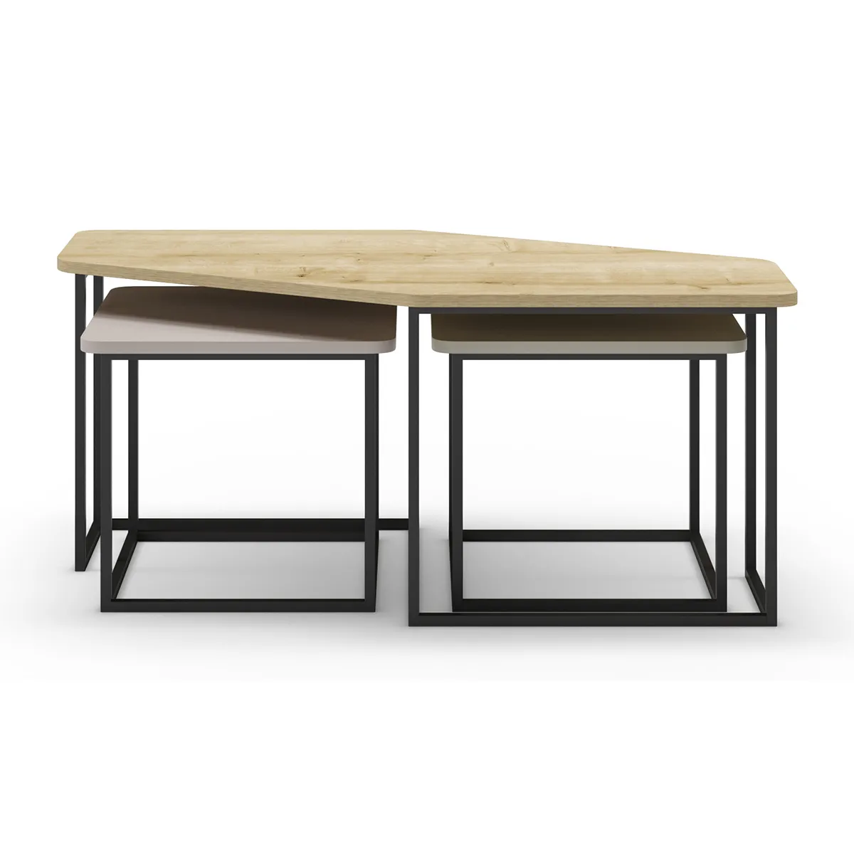 Meilleurs prix pour Set de 3 tables basses, tables de salon aspect bois coloris chêne, crème, vert et pieds en métal noir