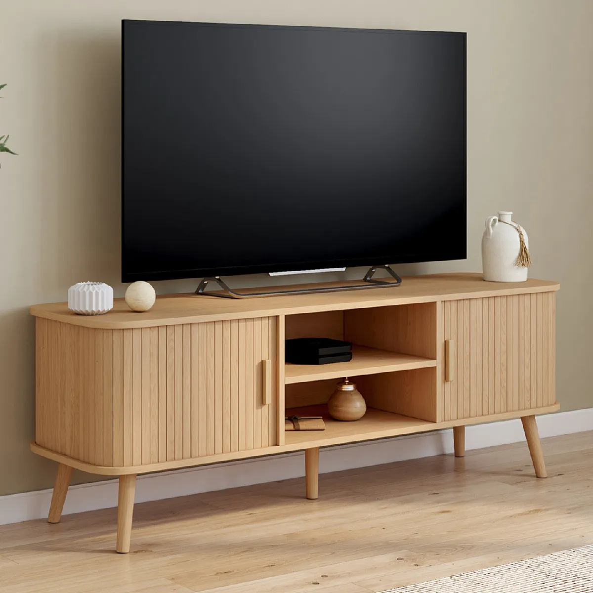 Meuble TV Campagne ISIS 140 Cm Bois Et Noir - Meuble Télé Vintage 2 Portes 2 Étagères Rangements Câbles
