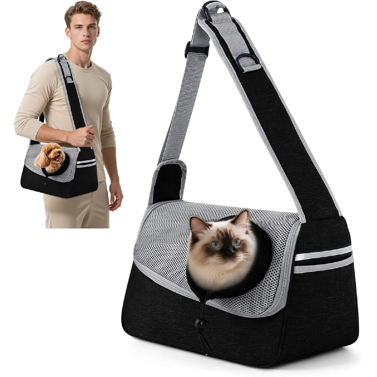 Comparer les prix de Sac de transport ajustable à bandoulière pour animaux gris noir