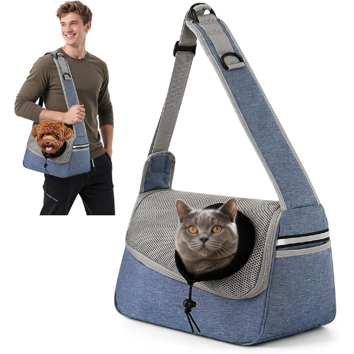 Comparer les prix de Sac de transport ajustable à bandoulière pour animaux gris bleu