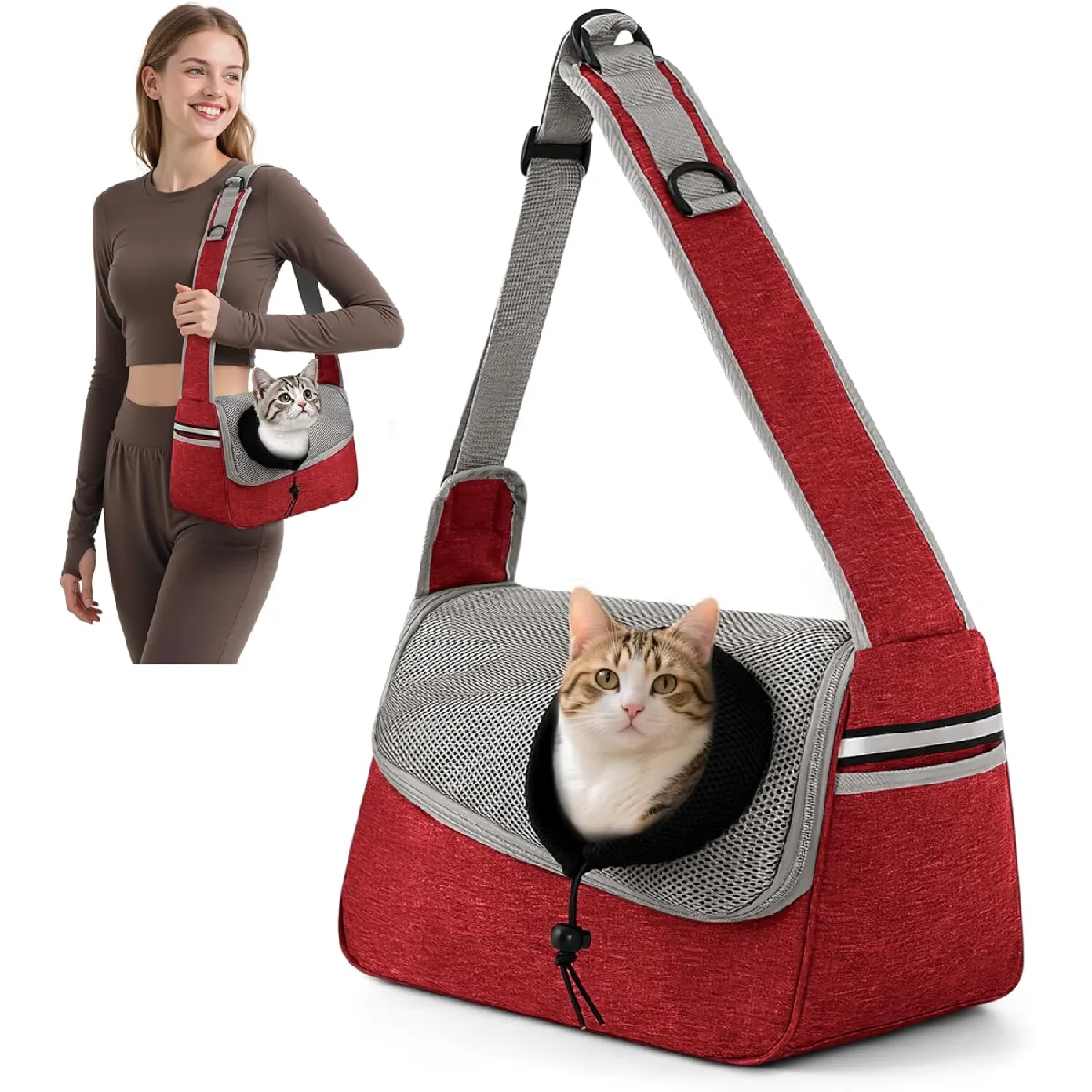 Meilleurs prix pour Sac de transport ajustable à bandoulière pour animaux gris rouge