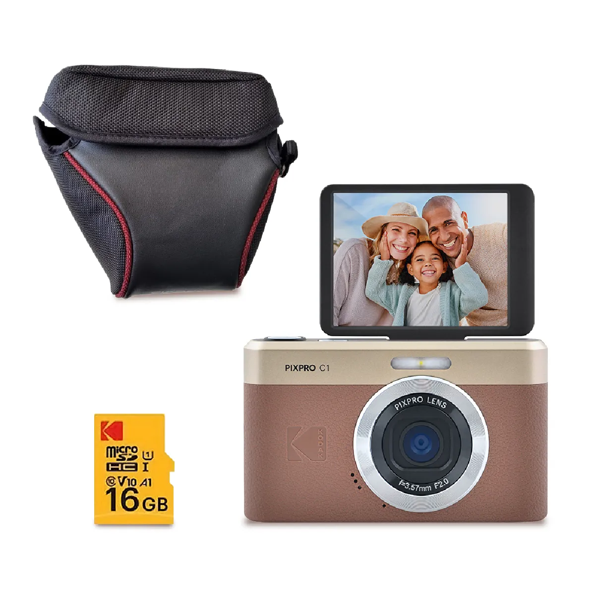 KODAK Pack  Pixpro C1 Appareil Photo Compact marron + Carte microSDHC 16 Go + housse