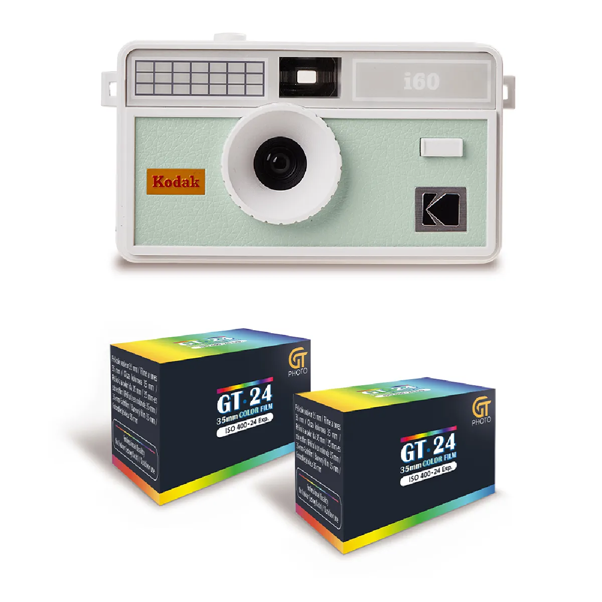 KODAK i60 Appareil Photo Réutilisable 35mm Style Rétro Sans Mise au Point Flash Intégré Pop up et bourgeon + 2 Pellicules Couleur 24 Expositions Neuf