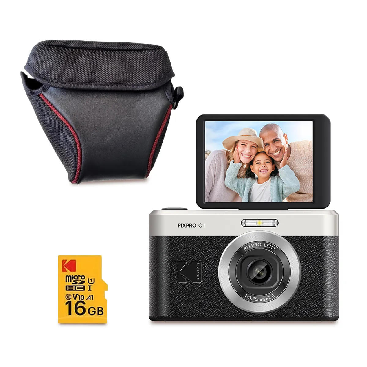 KODAK Pack  Pixpro C1 Appareil Photo Compact noir + Carte microSDHC 16 Go + housse
