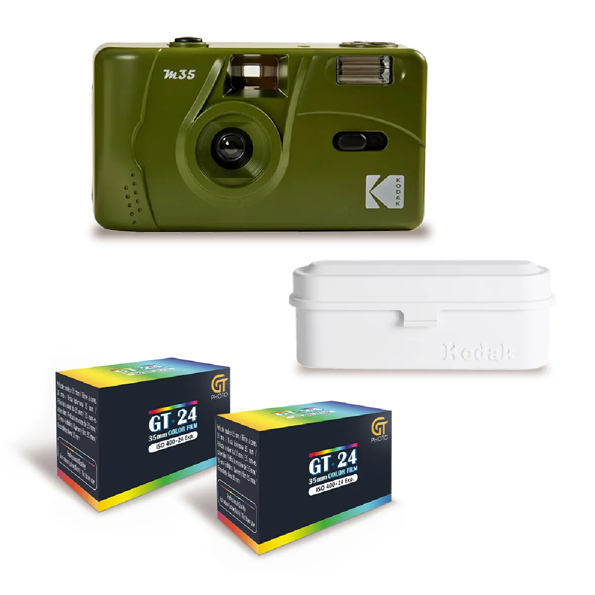 KODAK  M35 - Appareil Photo Rechargeable 35mm, Objectif Grand Angle Fixe, Viseur Optique, Flash Int&eacute;gr&eacute; - Vert Olive + 2 Pellicules GT24 Couleur compatible 24 Expositions + Films case