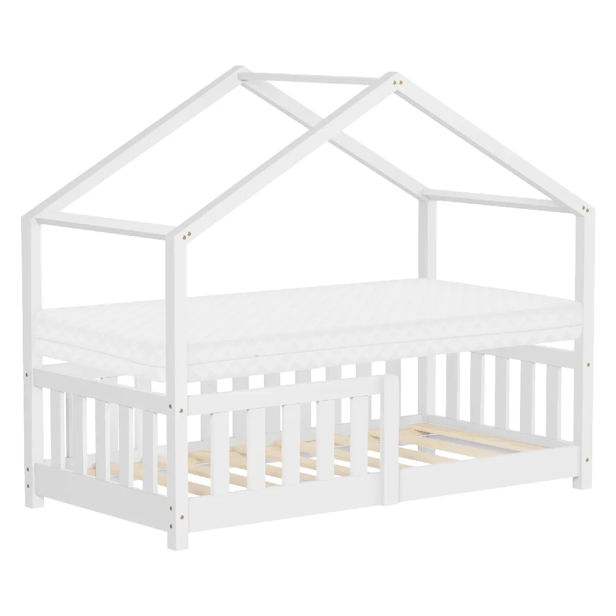 Lit enfant 70x140 cm design cabane massif avec matelas sommier à lattes - vue 1