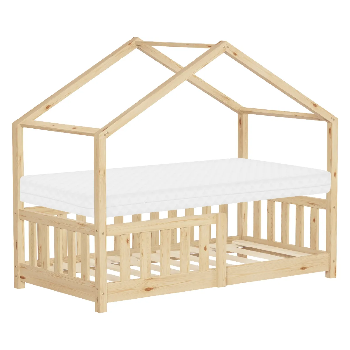 Lit enfant 70x140 cm design cabane naturel massif avec matelas sommier à lattes