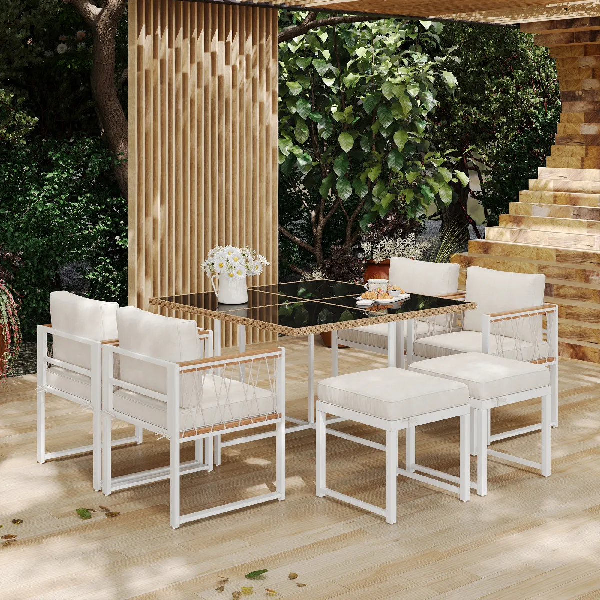 Salon de jardin 7 pièces rotin PE, acacia & verre–Blanc/Naturel