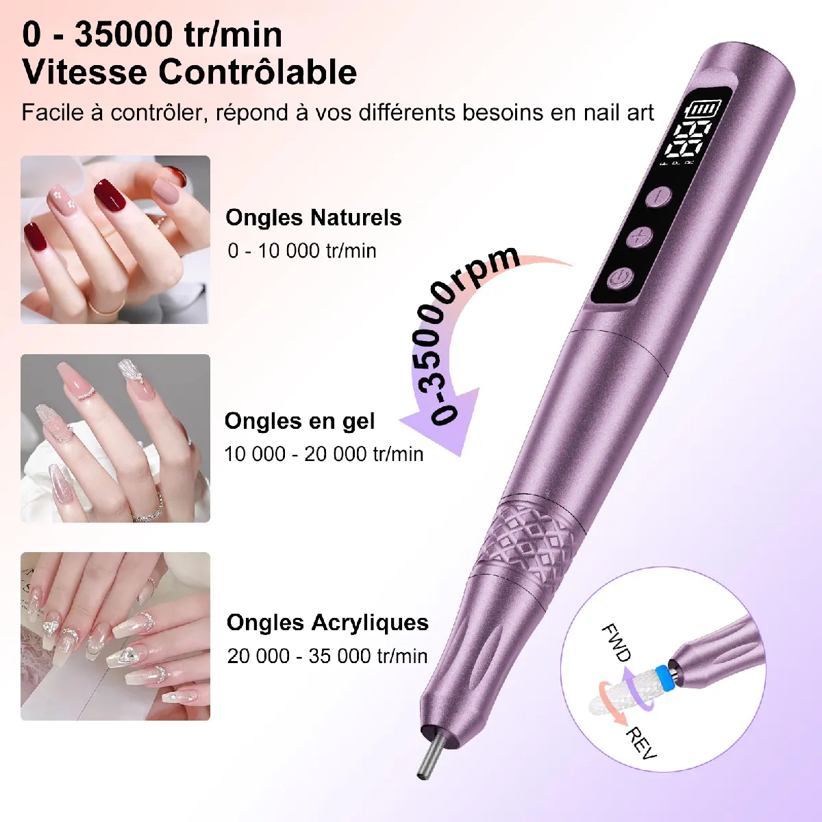 Ponceuse à Ongles électrique Sans Fil Rechargeable - Lime Manucure USB, Vitesse Variable - Marque Greenpower