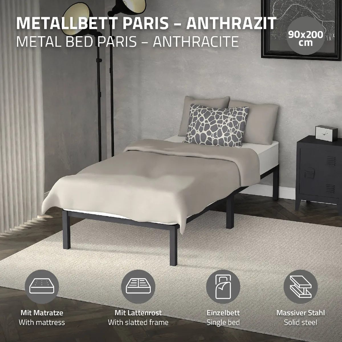 Cadre De Lit Simple Avec Tête De Lit Rembourrée En Velours Gris Foncé 90x200 Cm - Sommier à Lattes Inclus - Confort Et Élégance