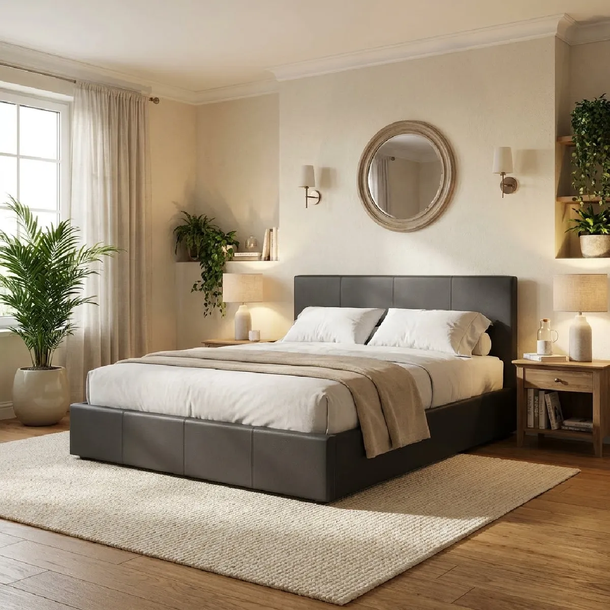 Lit Coffre 2 Places Bastien 140x190 cm Similicuir Gris Sommier Coffre Inclus