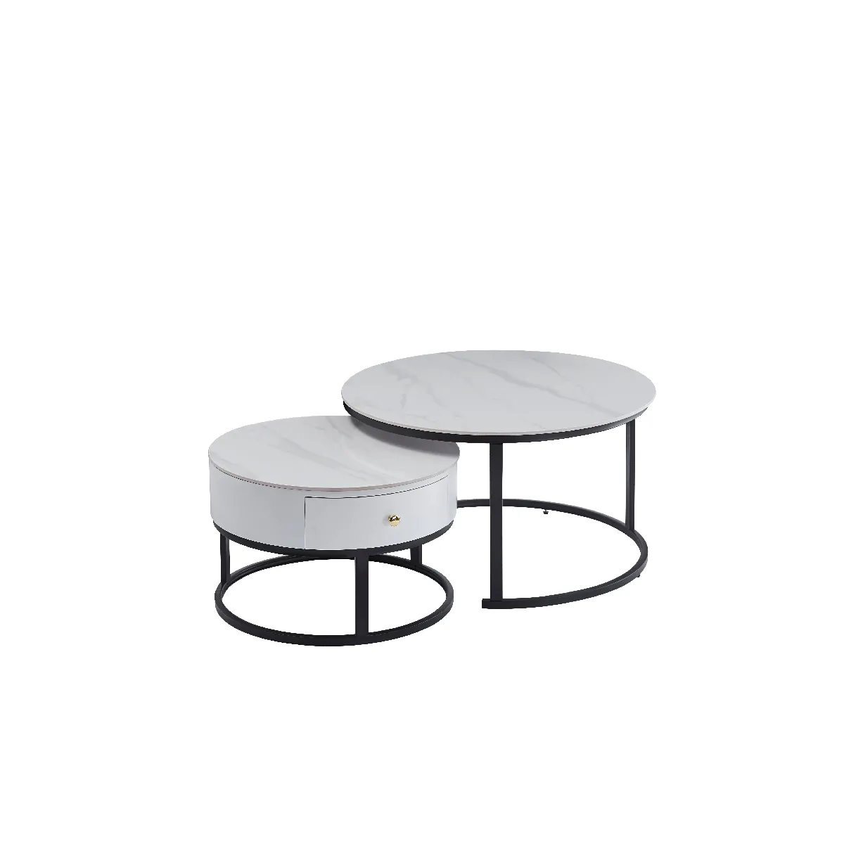 Meilleurs prix pour Lot 2 Tables Basses Gigognes NOVELA Avec Tiroir Céramique Marbre Blanc Métal Noir D80/D60x45/40cm