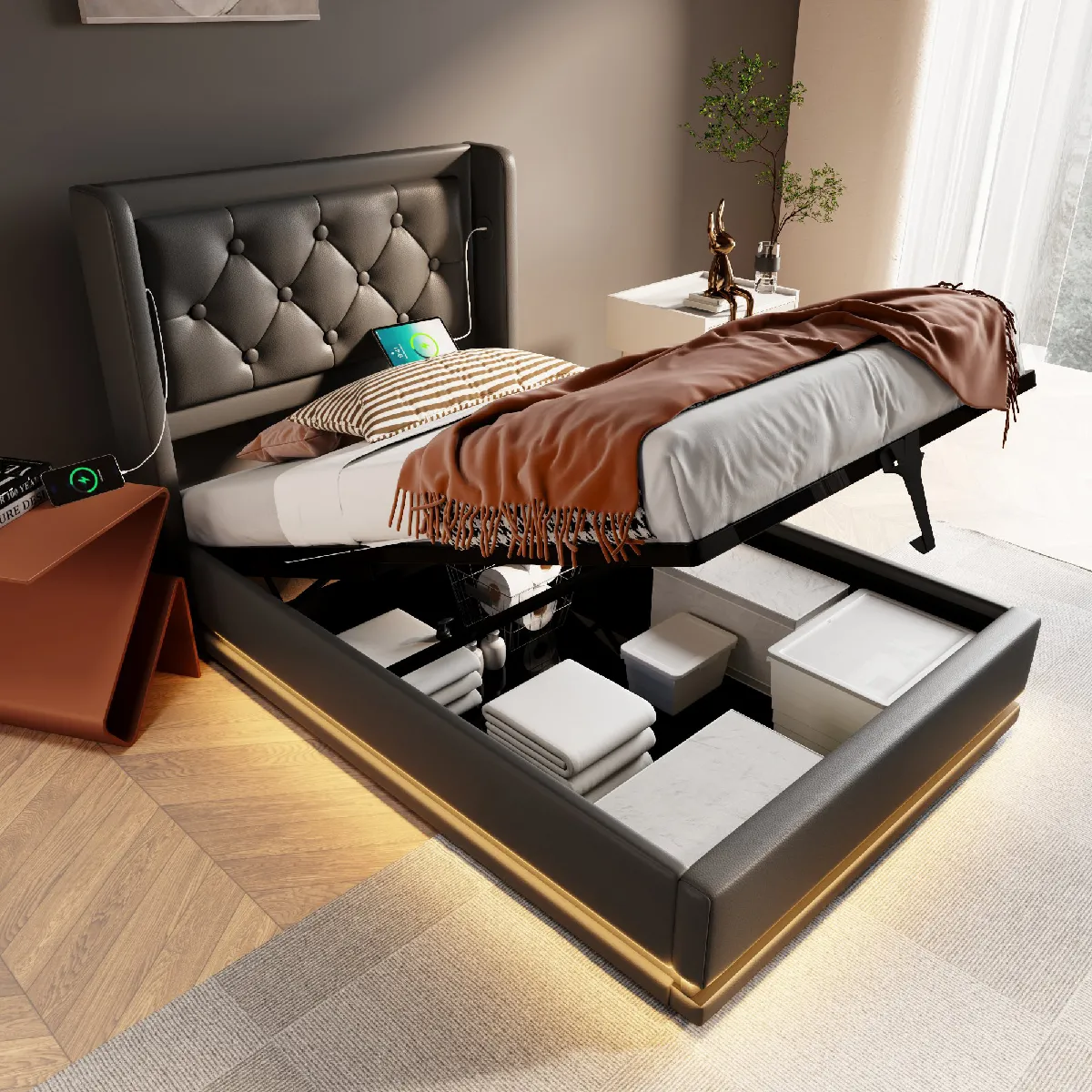 Lit coffre 90x200 cm PU Lit capitonné - Noir