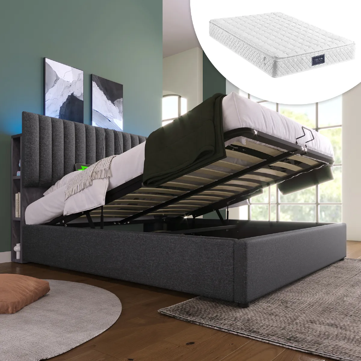 Lit coffre rembourré 140x200 cm LED USB Type-C gris avec matelas Lit coffre rembourré 140x200 cm LED USB Type-C gris avec matelas