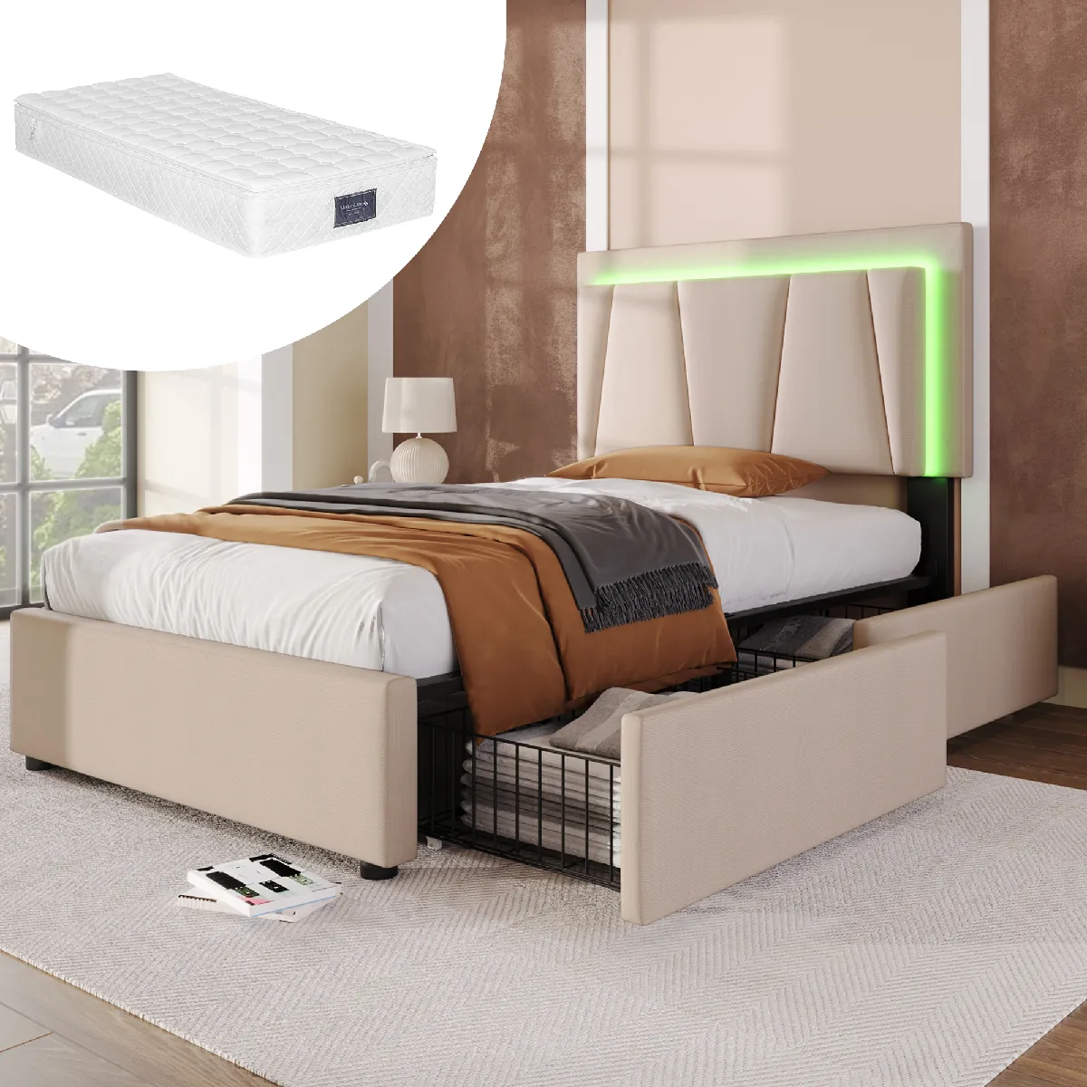 Lit 90x200 cm avec 2 tiroirs, lit capitonné beige LED réglable, matelas inclus