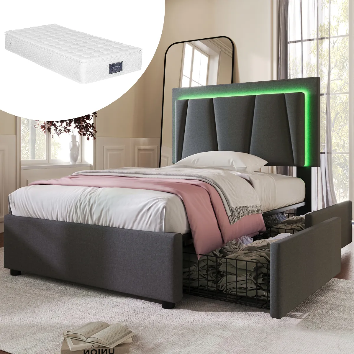 Lit 90x200 cm avec 2 tiroirs, lit capitonné gris LED réglable, matelas inclus
