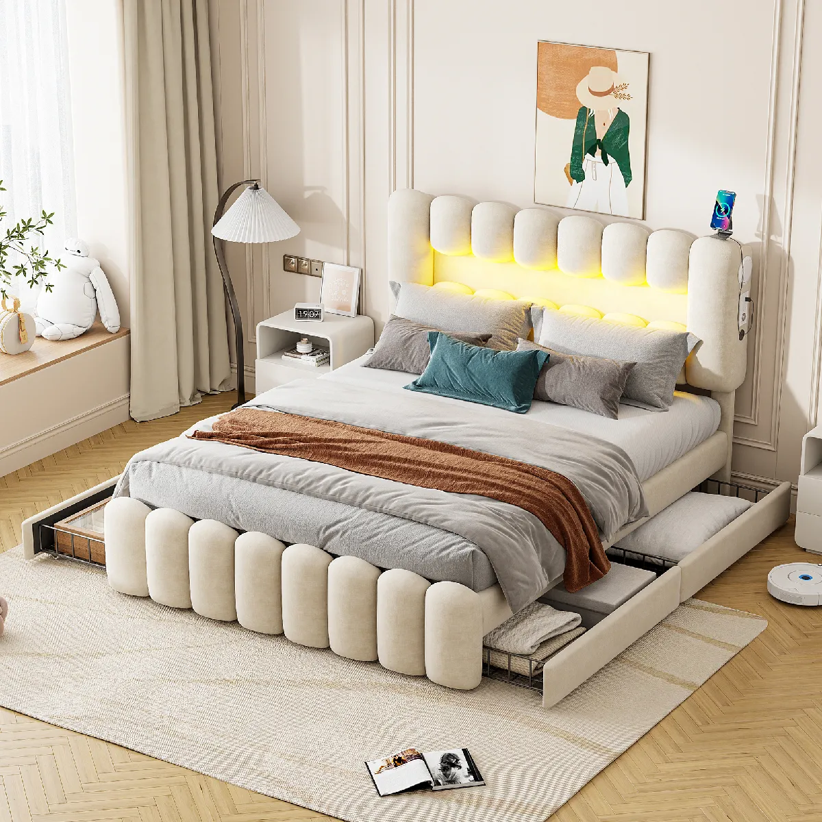 Lit avec rangement 160x200 cm - Lit double - Beige